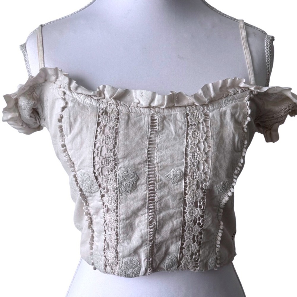 Anthropologie Embroidered Eyelet Off Shoulder Corset Crop Top Boho Ruffle Sz 4